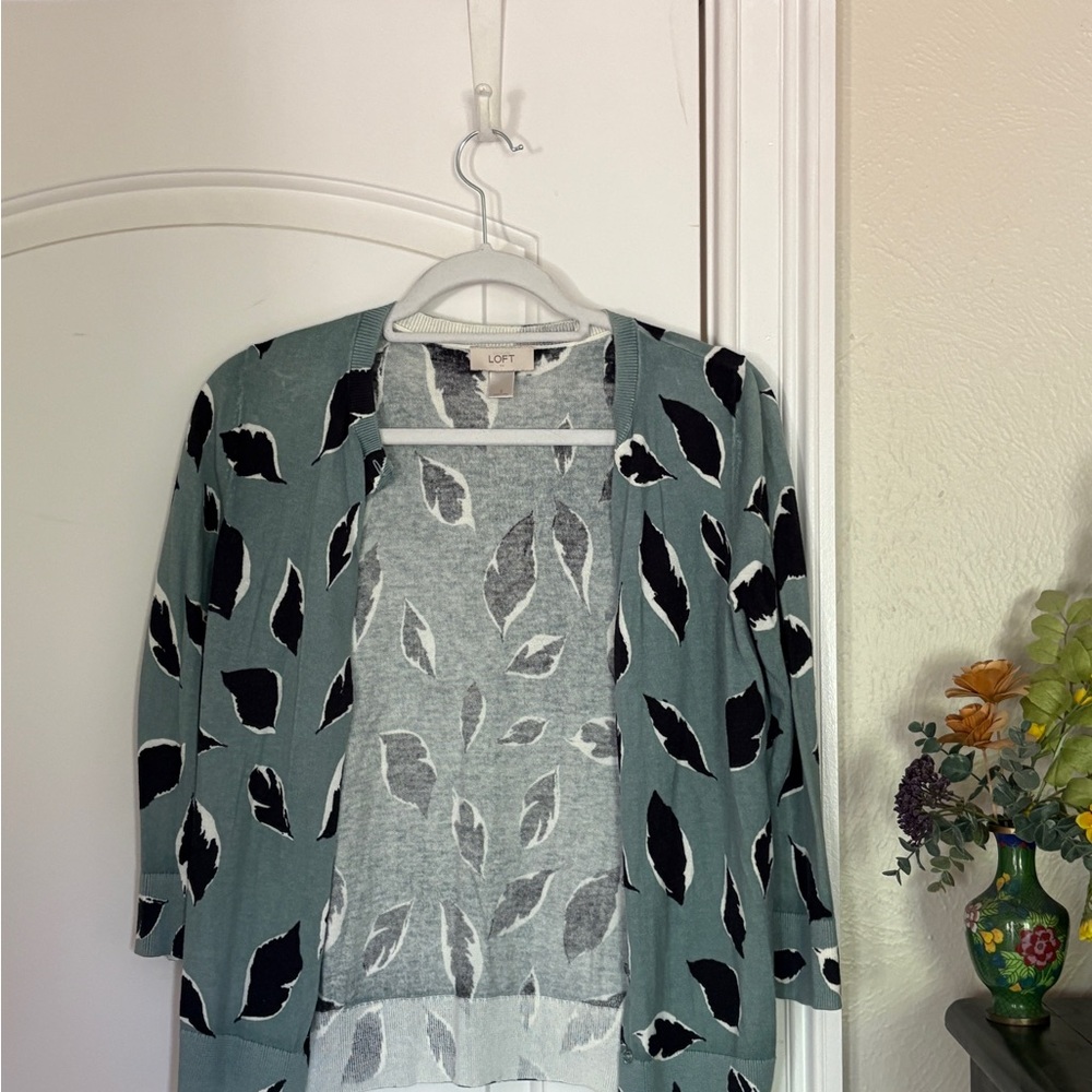 Loft Blue Leaf Pattern Cardigan - image 5
